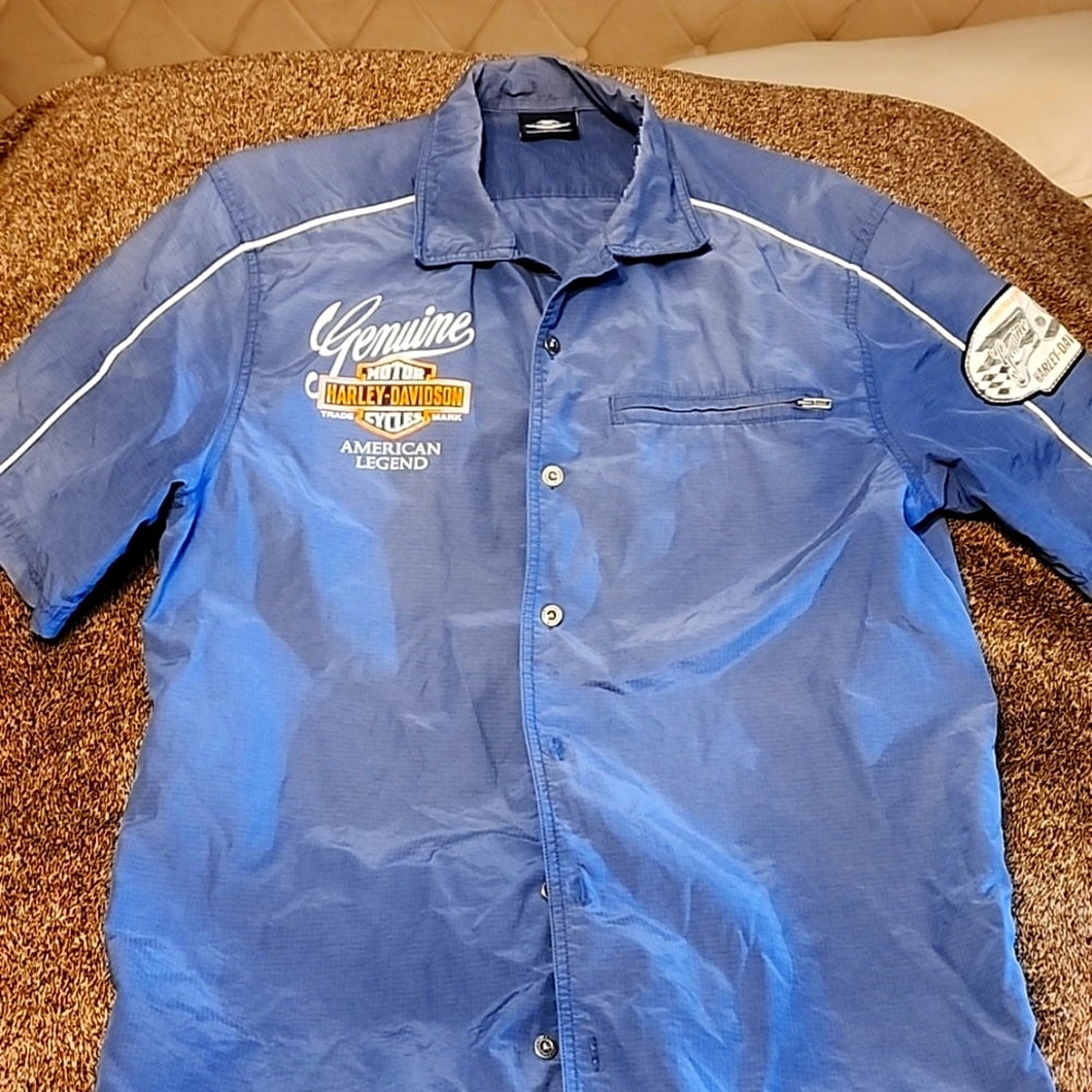 Vintage harley davidson button down navy short sleeved shirt